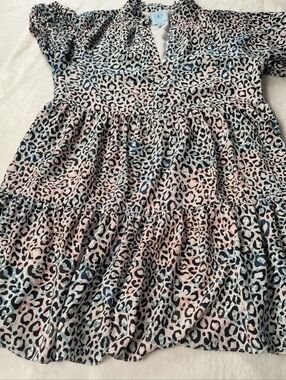 CeCe Leopard Print Tiered Mini Dress Blue Pink Animal Print Size L Short Sleeve